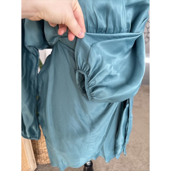 Zara Sea Green Tie Waist Satin Wrap Dress - Picture 3 of 6